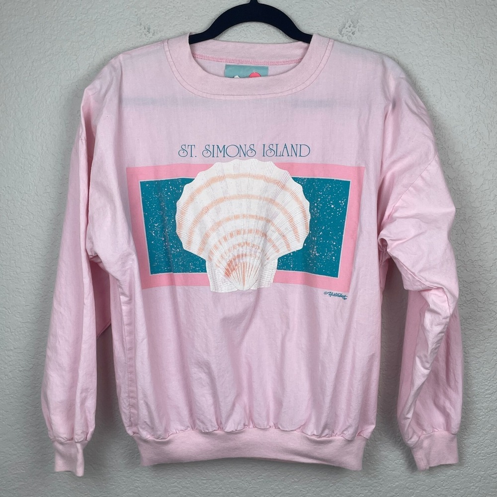 Vintage 80s Cotton Republic‎ Sweatshirt Small St Simons Island Seashell Pink Top